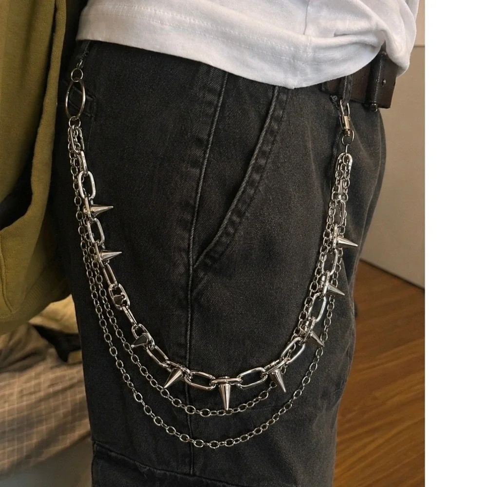 Silver Spiked Triple Layer Wallet Chain Punk Gothic Pant Chain 50cm Biker Link